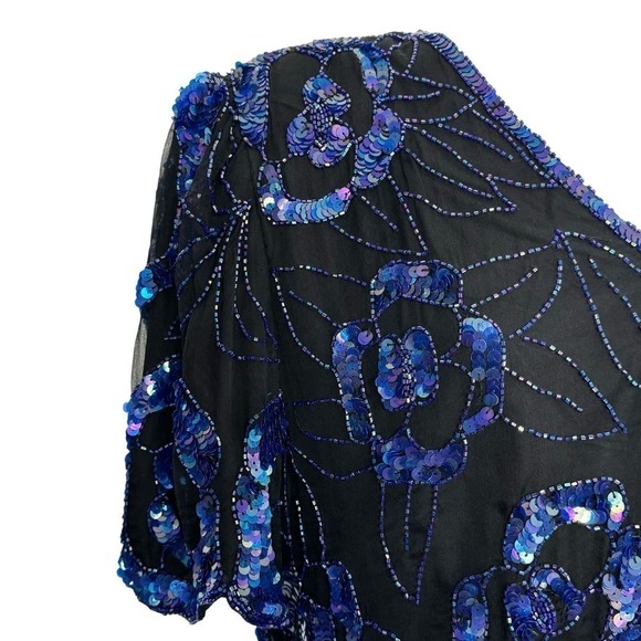 Vintage Sequined Top 100% Silk‎ Blouse Glam Laurence Kazar Black Blue Size 1X - Picture 4 of 11